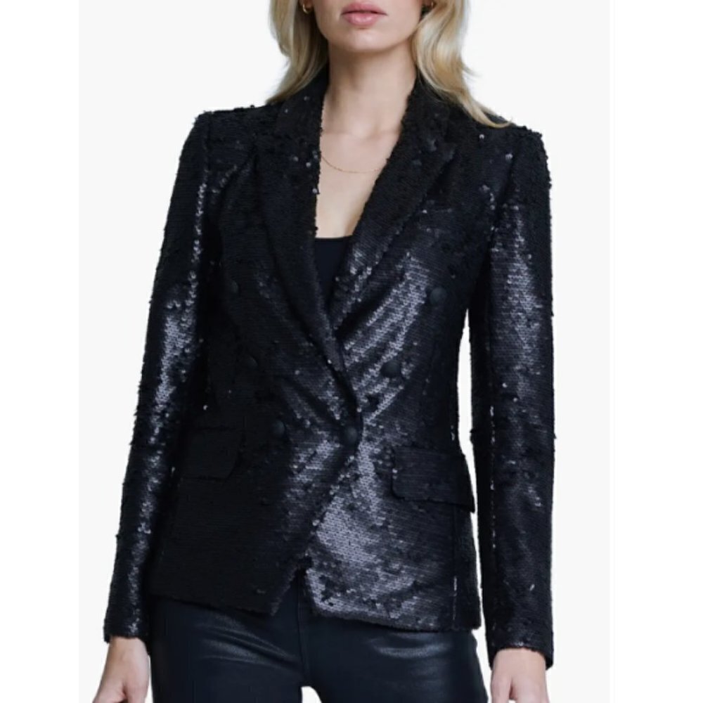 L' AGENCE 'Kenzie' Double-Breasted Sequin Blazer, Matte Black